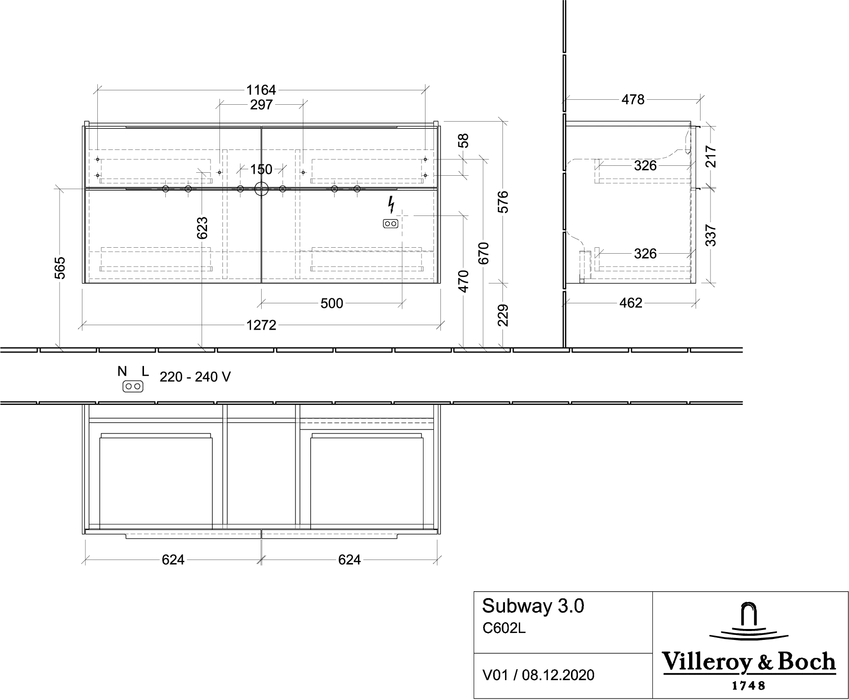 Villeroy & Boch Waschtischunterschrank „Subway 3.0“ für Schrankwaschtisch 1272 × 576 × 478 mm Kansas Oak, für Becken mittig