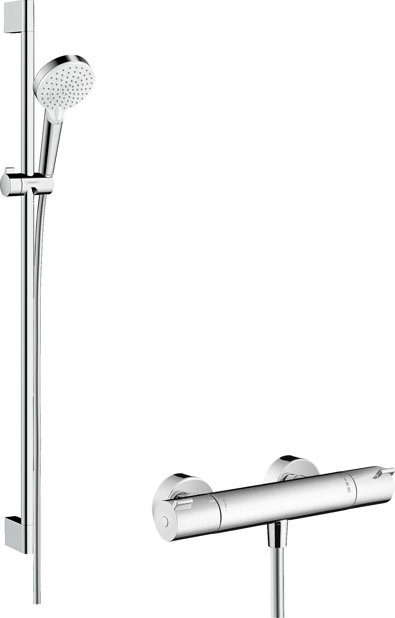 Hansgrohe Crometta Brausenkombi Vario mit Ecostat 1001 CL Thermostat, 90 cm Brausestange, weiß/chrom, 100 mm Brausekopfgröße