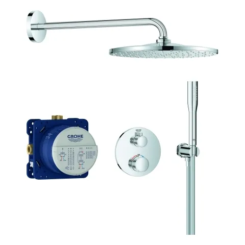 Unterputz Duschsystem Grohtherm 34869, UP-Thermostat-Brausebatterie für 2 Abgänge, integriertes Absperr-/Umstellventil, Rapido SmartBox, Kopfbrause Rainshower Mono 310, Euphoria Cosmopolitan Stick Handbrause, Wandabgangsbogen, Brauseschlauch, chrom Unterputz Duschsystem Grohtherm 34869, UP-Thermostat-Brausebatterie für 2 Abgänge, integriertes Absperr-/Umstellventil, Rapido SmartBox, Kopfbrause Rainshower Mono 310, Euphoria Cosmopolitan Stick Handbrause, Wandabgangsbogen, Brauseschlauch, chrom