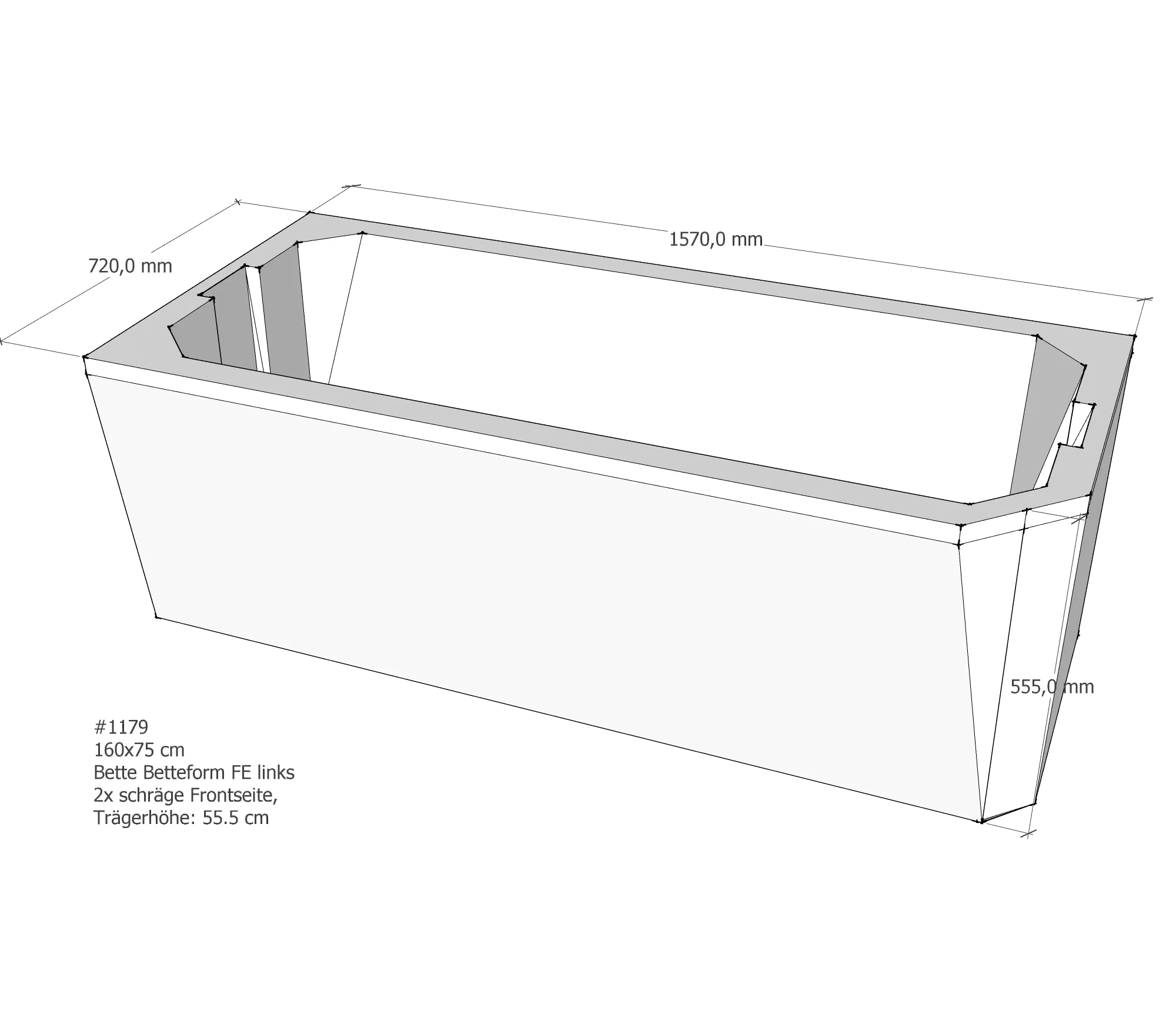 Badewannenträger für Bette Profi-Form KE links schräge Frontseite 160 × 75 × 42 cm