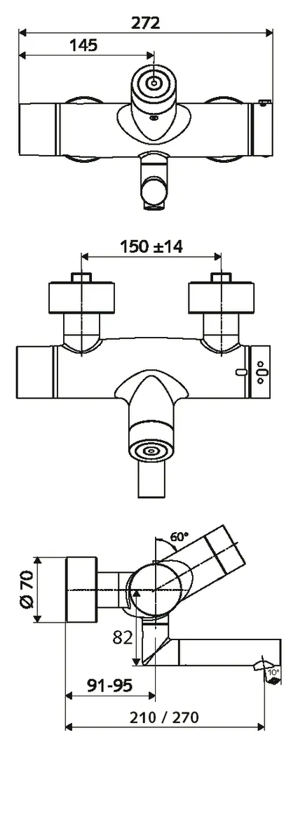 Aufputz-Waschtisch-Armatur VITUS VW-C-T, Mischwasser, Thermostat, Elektronisch, 2 RFV, Batteriefach, Thermische Desinfektion, 2x DN 15 G 1/2 AG, Ausladung bis Mitte Strahlregler: 210 mm, chrom