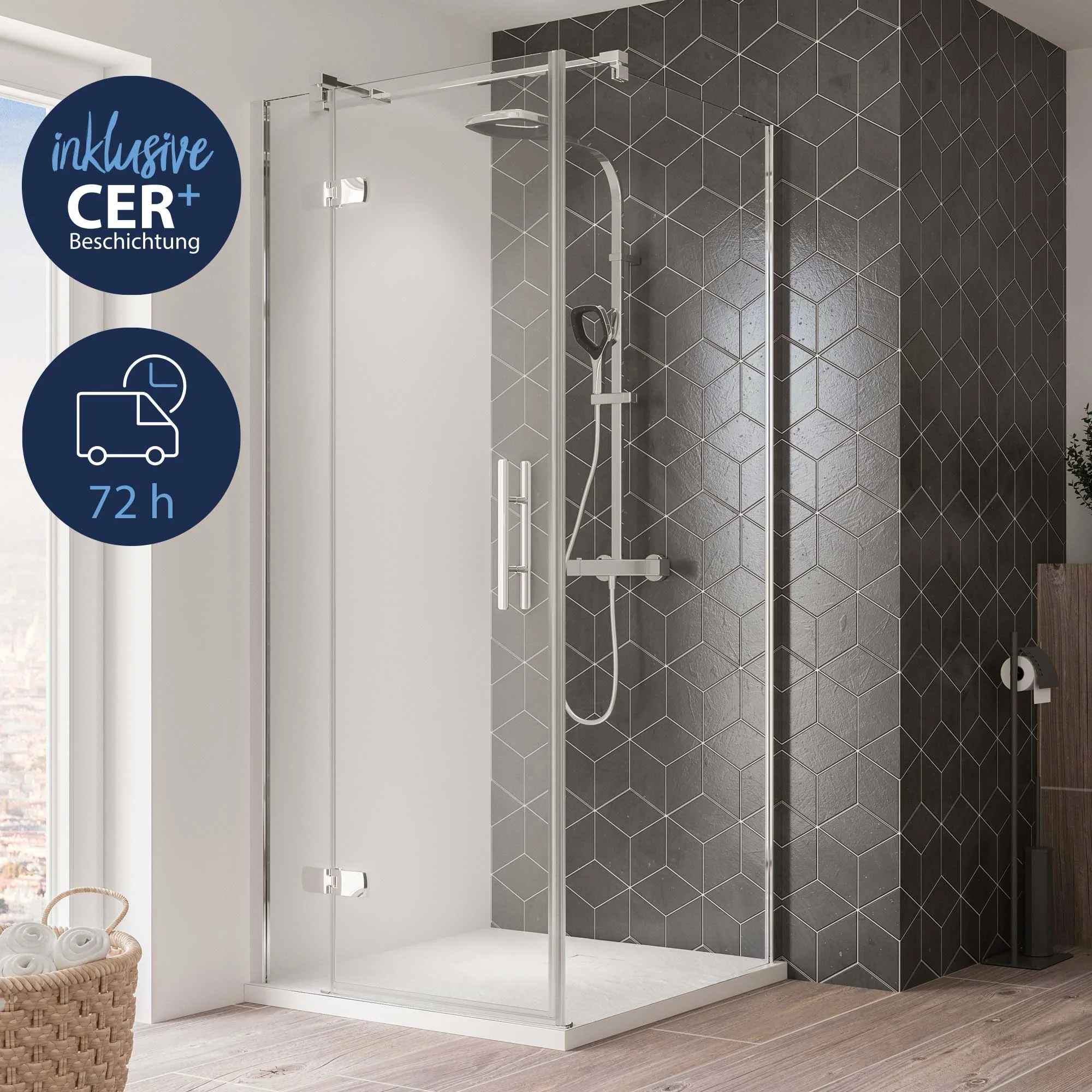 Breuer QUICK 72 Avanta Seitenwand für Drehtür mit Festteil, Alu chromeffekt, Maße: 750 mm, Wanneneinbaumaß: 740-760 mm, Höhe + 35 mm Stabilisator: 2.000 mm, 8 mm Sicherheitsglas inkl. CER+ Glasbeschichtung
