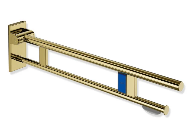 HEWI Stützklappgriff Duo System 900, Design A, Edelstahl PVD gold glänzend, Ausladung 850 mm, mit WC-Papierhalter und Funk-Spülauslösung, links