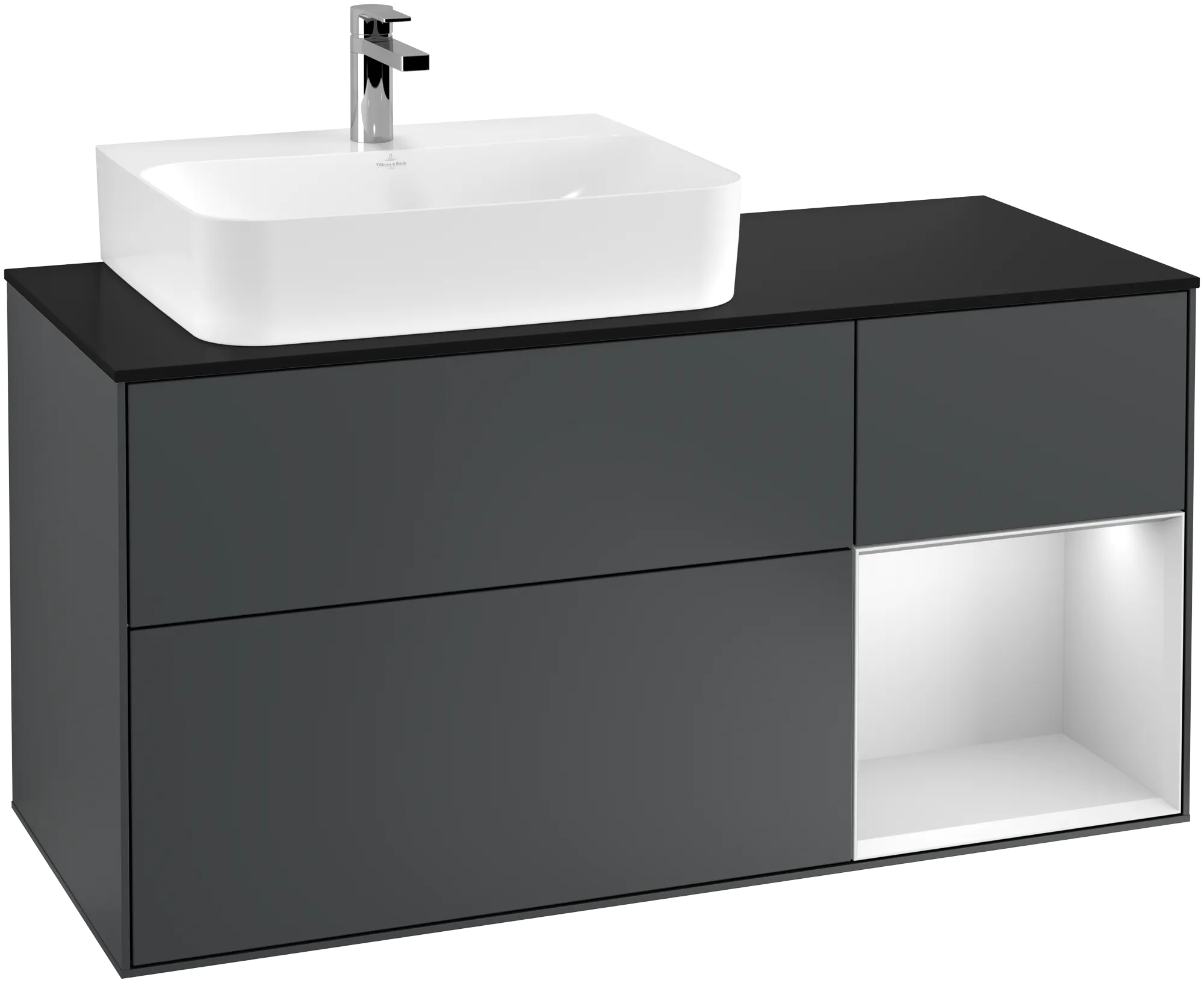 Villeroy & Boch Finion Waschbeckenunterschrank G15, 1200x603x501mm, Midnight Blue Matt Lacquer / White Matt Lacquer / Glass Black Matt