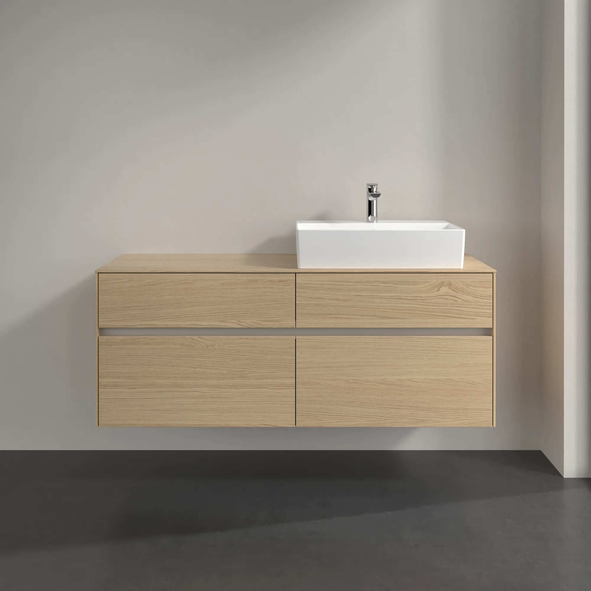 Villeroy & Boch Waschtischunterschrank „Collaro“ 1400 × 548 × 500 mm Nordic Oak, mit Beleuchtung, für Becken rechts Villeroy & Boch Waschtischunterschrank „Collaro“ 1400 × 548 × 500 mm Nordic Oak, mit Beleuchtung, für Becken rechts