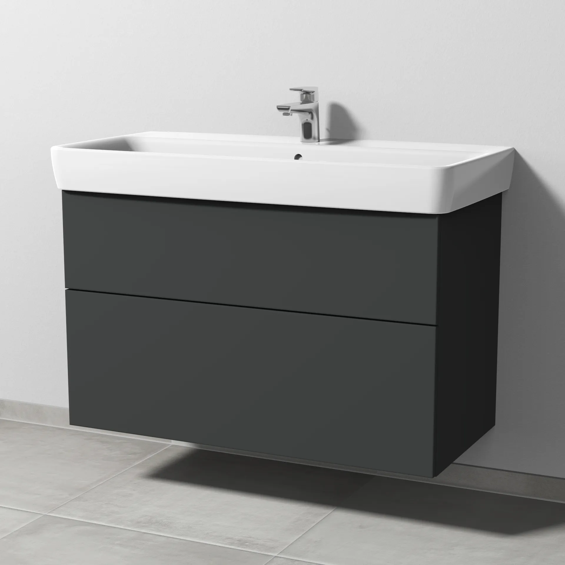 Sanipa Waschtischunterschrank „3way“ passend zu Keramik-Waschtische Renova Plan von Geberit 940 × 588 × 447 mm in Graphit (matt), Becken mittig