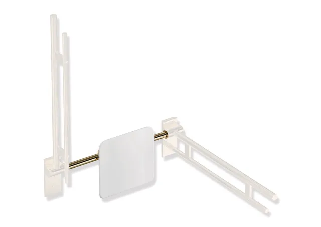 Rückenstütze des Systems 900, Anbindung aus Edelstahl, PVD, Lehne aus Kunststoff, weiß, Achsmaß von 588 bis 688 mm bauseits verstellbar, T: 150 mm, Montage an Stützklappgriffen, Design (A) des Systems 900, in Farbe CK (Messing glänzend) Rückenstütze des Systems 900, Anbindung aus Edelstahl, PVD, Lehne aus Kunststoff, weiß, Achsmaß von 588 bis 688 mm bauseits verstellbar, T: 150 mm, Montage an Stützklappgriffen, Design (A) des Systems 900, in Farbe CK (Messing glänzend)