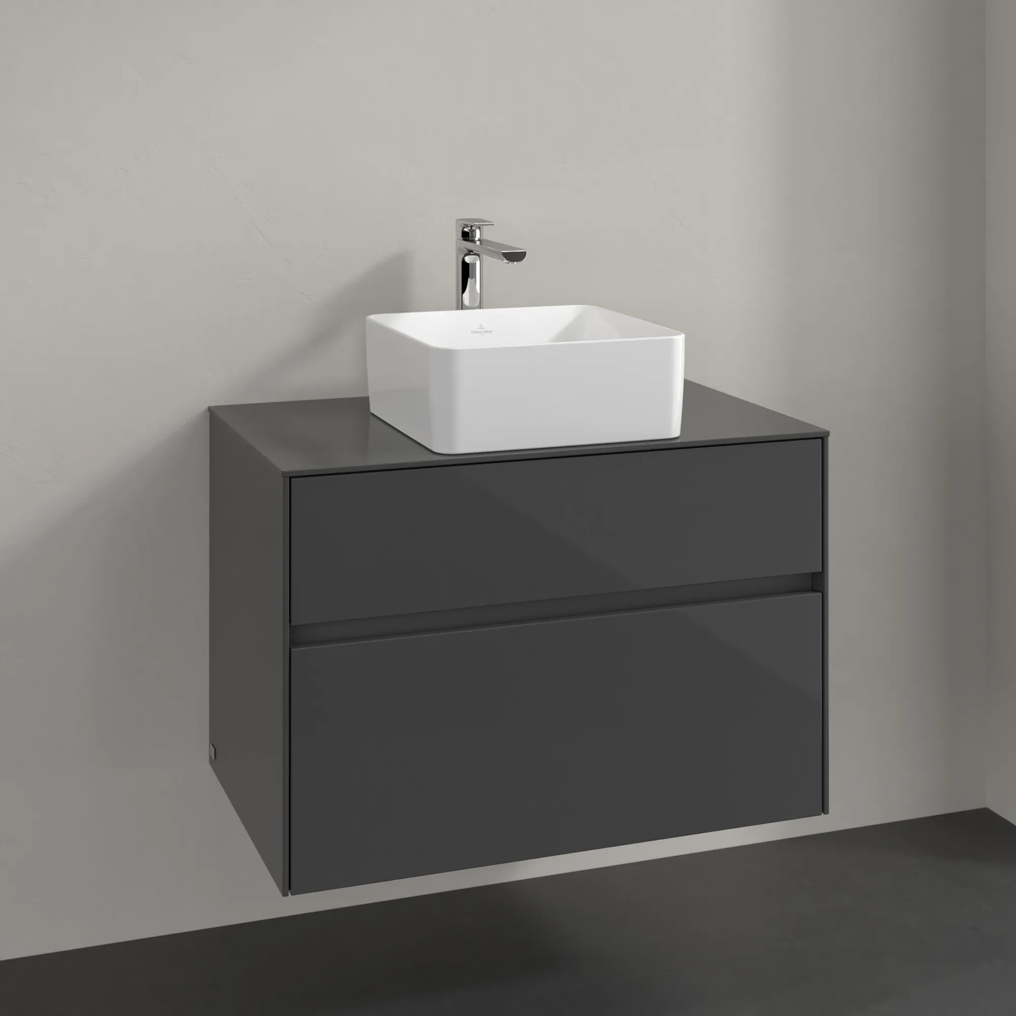 Villeroy & Boch Waschbeckenunterschrank Collaro C03700, Eckig Glossy Grey, 800x548x500mm, mit SoftClosing, 2 Auszügen, mittigem Waschbecken Villeroy & Boch Waschbeckenunterschrank Collaro C03700, Eckig Glossy Grey, 800x548x500mm, mit SoftClosing, 2 Auszügen, mittigem Waschbecken