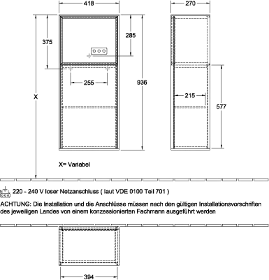 Villeroy & Boch Seitenschrank „Finion“ 41,8 × 93,6 cm 1 Tür, Anschlag links, mit Wand- und Regalelementbeleuchtung Anschlag links