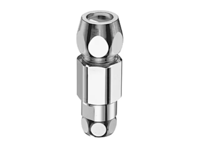 Einfach-Rückflussverhinderer, Durchflussform von unten nach oben, Überwurfmutter DN 10 G 3/8 IG, Ø 10 mm (DN 10 G 1/2 AG), chrom