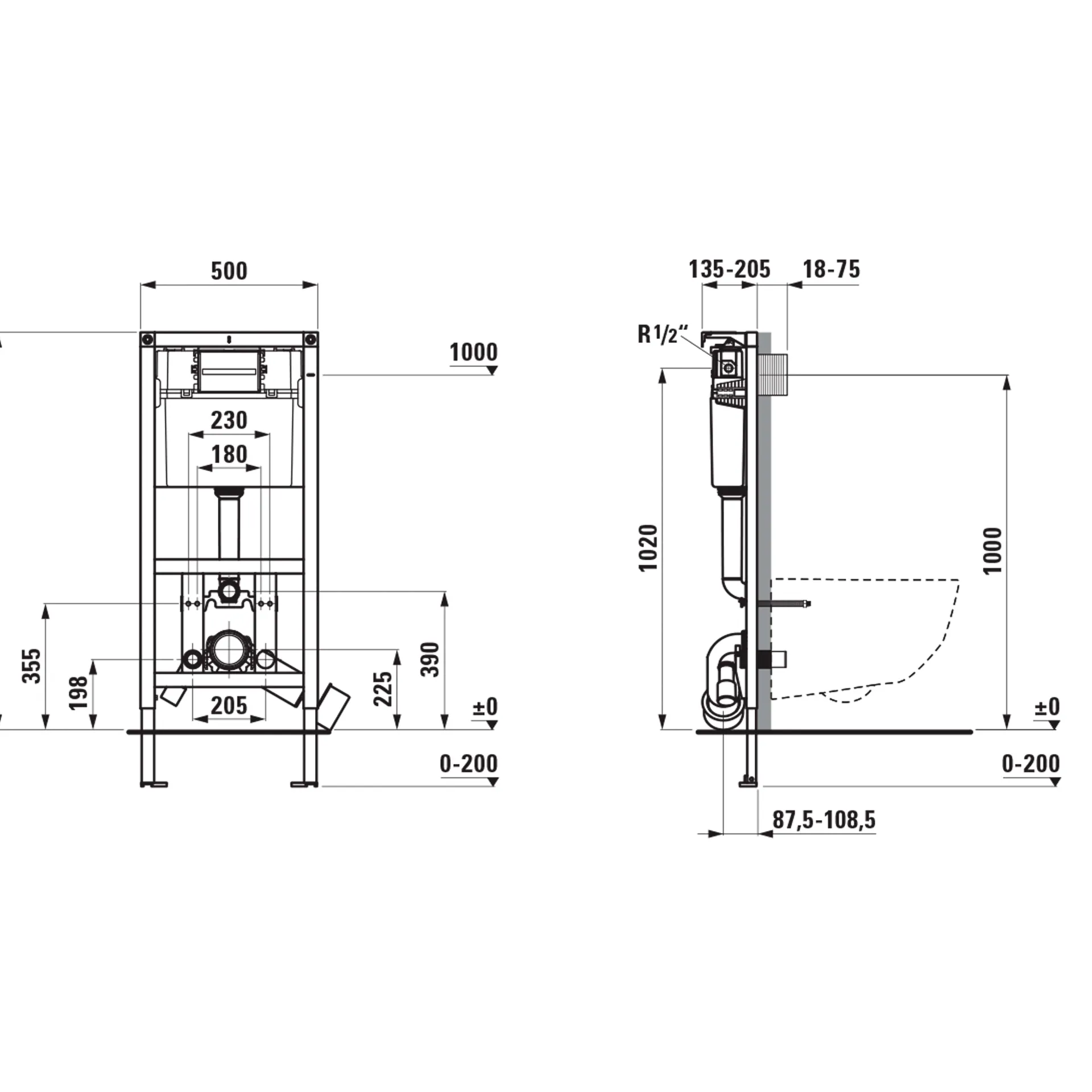 Installationselement INEOLINK mit Spülkasten für Trenn-WC, Bauhöhe 1120 mm, Stahlrahmen, Füße höhenverstellbar und drehbar, Spülkasten mit einstellbarem Spülstromregler (EN 14055), für Frontbetätigung, mit Dual-Flush 2-Mengen-Spülsystem