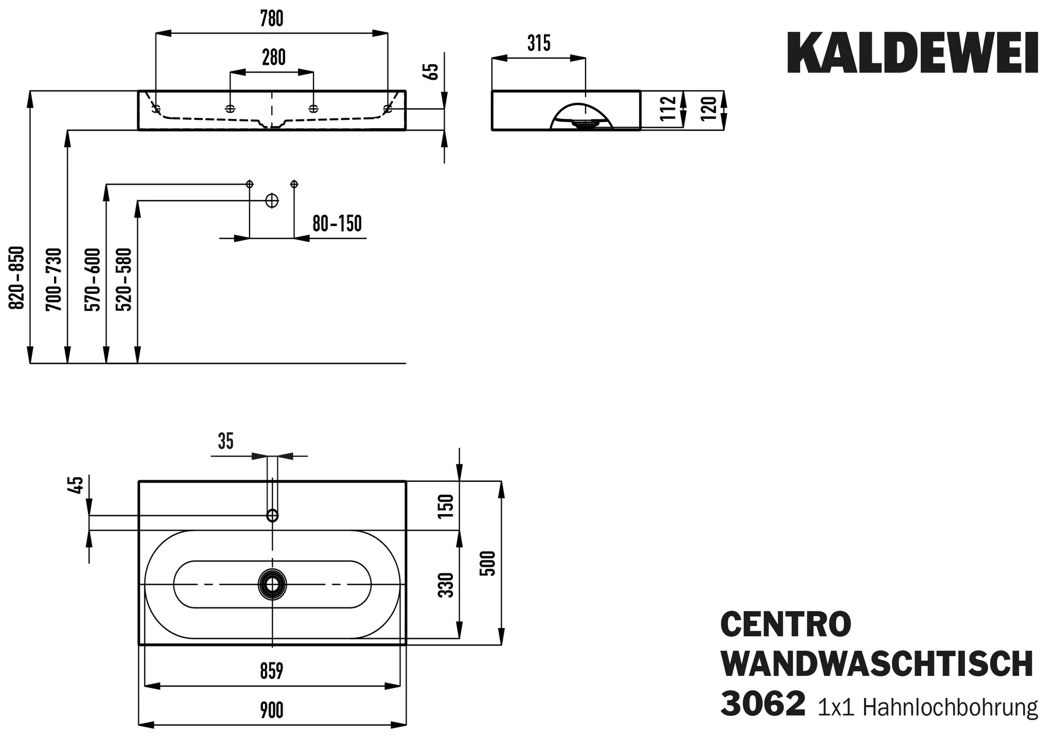 Kaldewei CENTRO Wandwaschtisch, 900x500 mm, warm beige 20, Perl-Effekt, Antidröhn, 1er Hahnlochbohrung