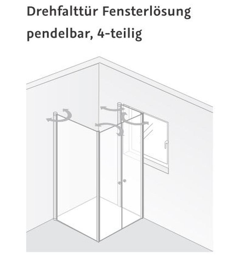 HSK Fensterlösung Duschabtrennung Profil-Drehfalttür pendelbar, 4-teilig „Exklusiv“ in Glas Grau, Profile Chromoptik (Alu Hochglanz poliert),