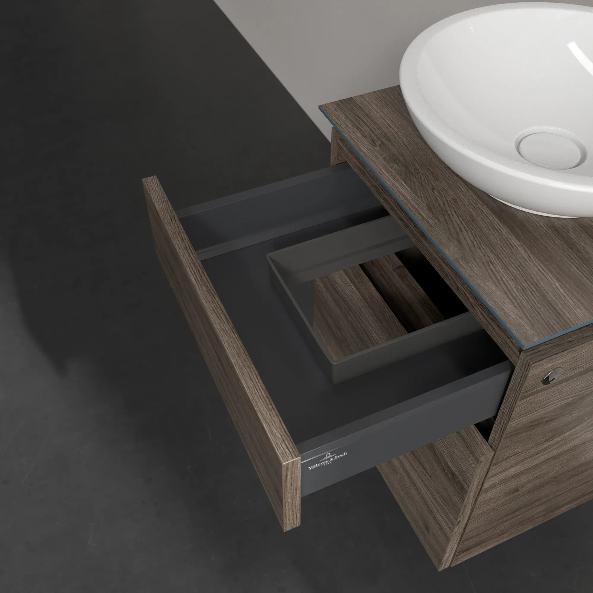 Villeroy & Boch Waschtischunterschrank „Legato“ für Schrankwaschtisch 450 × 550 × 500 mm Stone Oak, für Becken mittig Villeroy & Boch Waschtischunterschrank „Legato“ für Schrankwaschtisch 450 × 550 × 500 mm Stone Oak, für Becken mittig