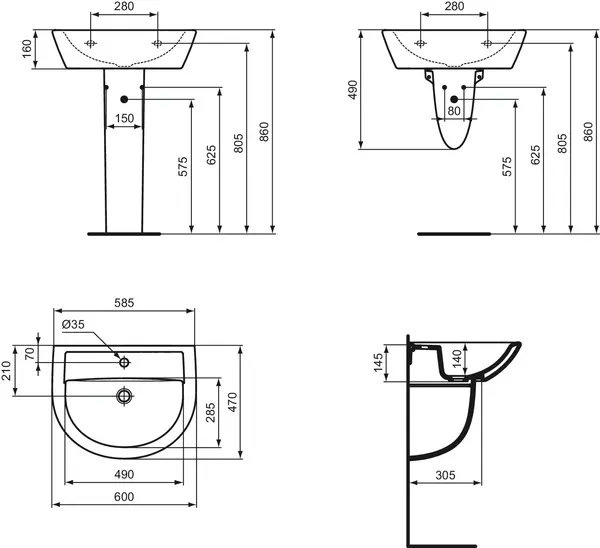 Waschtisch Eurovit, 1 Hahnloch, ohne Überlauf, 600x470x160mm, Weiß