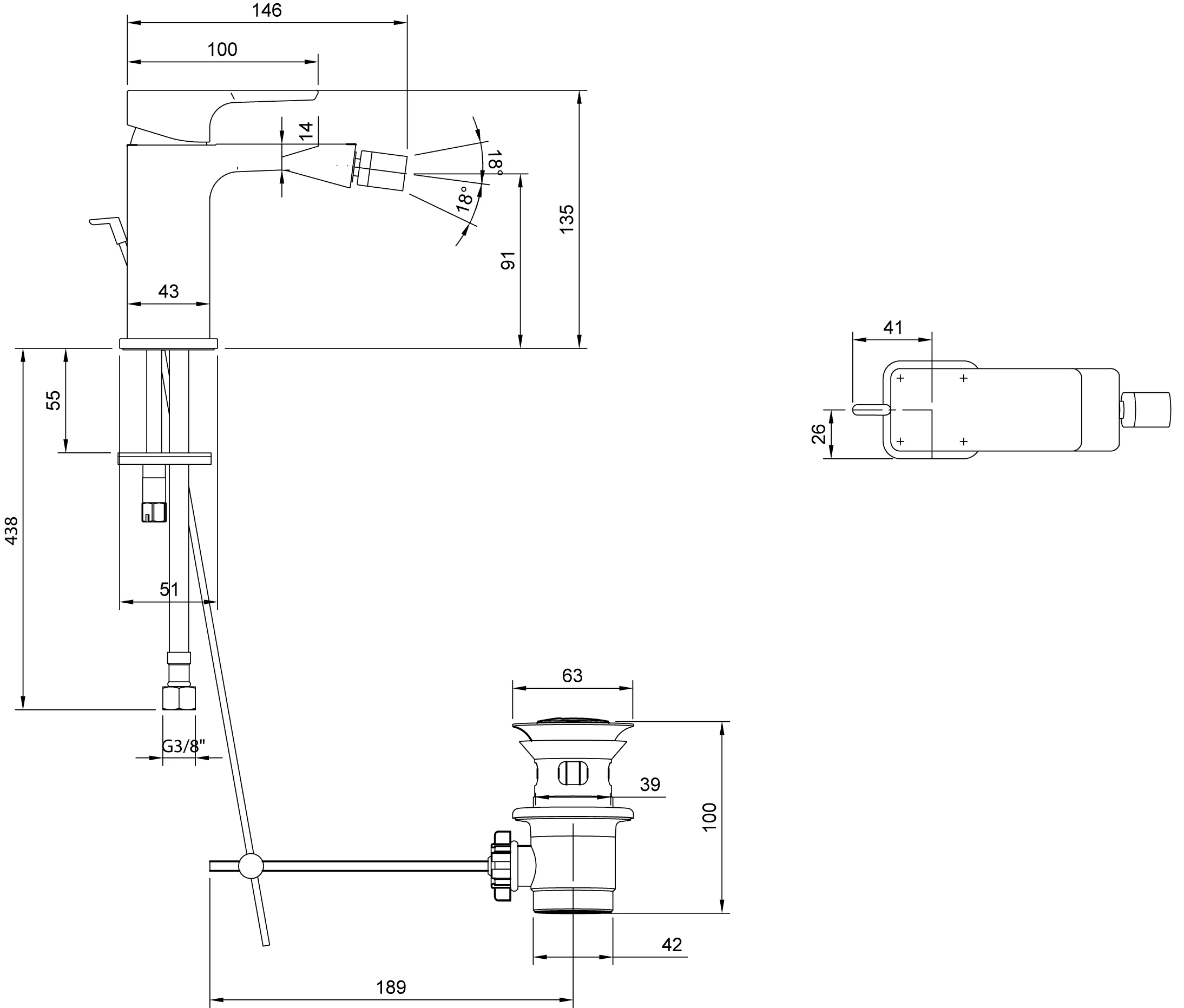 Villeroy & Boch Subway 3.0 Einhebel-Bidetarmatur, 43 x 135 x 146 mm, Chrom