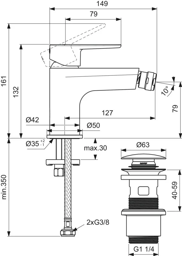 Bidetarmatur Cerafine O mit Push-Open-Ventil Ausladung 132mm Rose Bidetarmatur Cerafine O mit Push-Open-Ventil Ausladung 132mm Rose