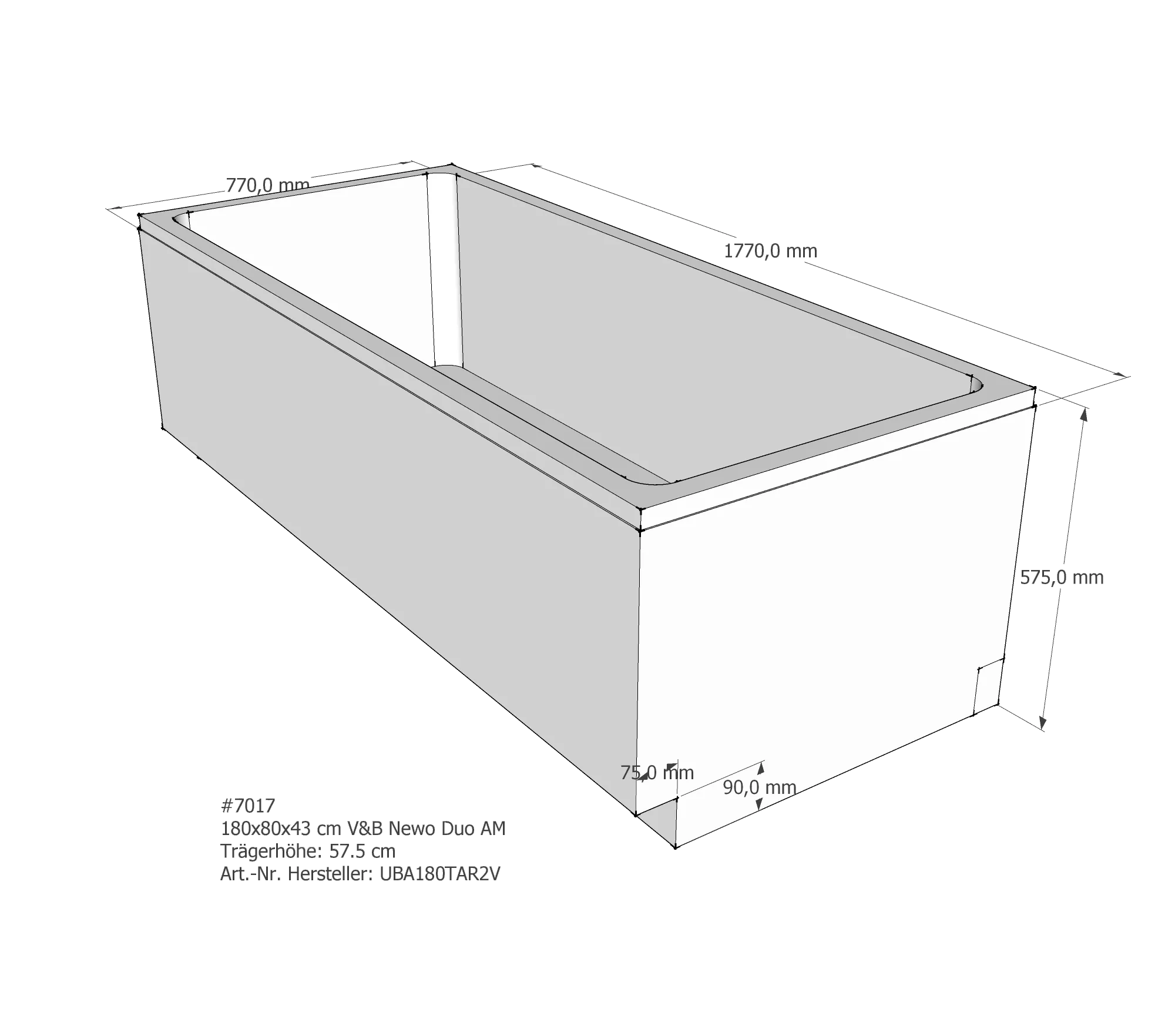 Badewannenträger passend für Villeroy & Boch Newo 180 × 80 × 43 cm