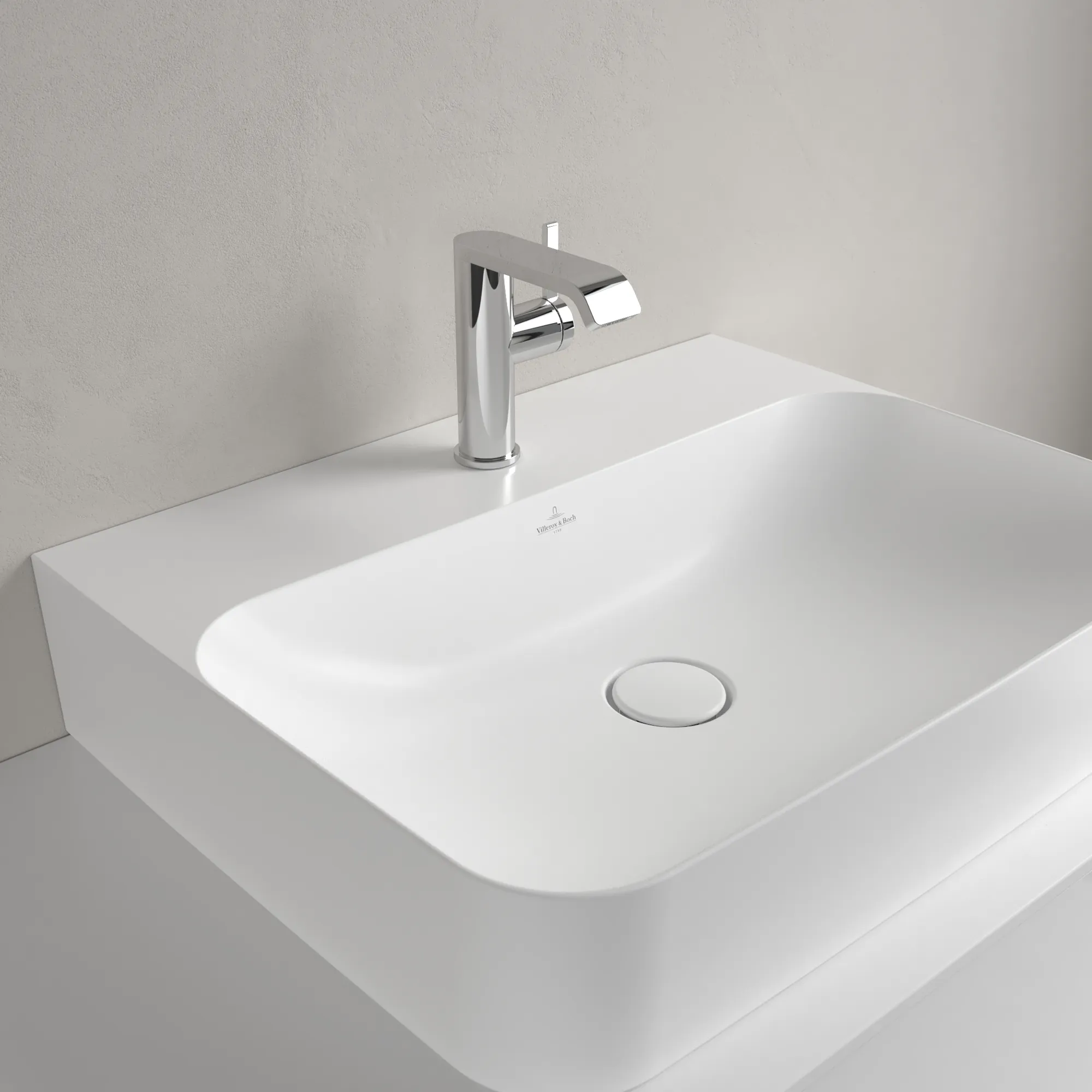 Villeroy & Boch Wandwaschtisch aus TitanCeram geschliffen „Finion“ 600 × 470 × 164 mm, mit Hahnlochbohrung, Hahnlochposition mittig in Stone White, mit CeramicPlus