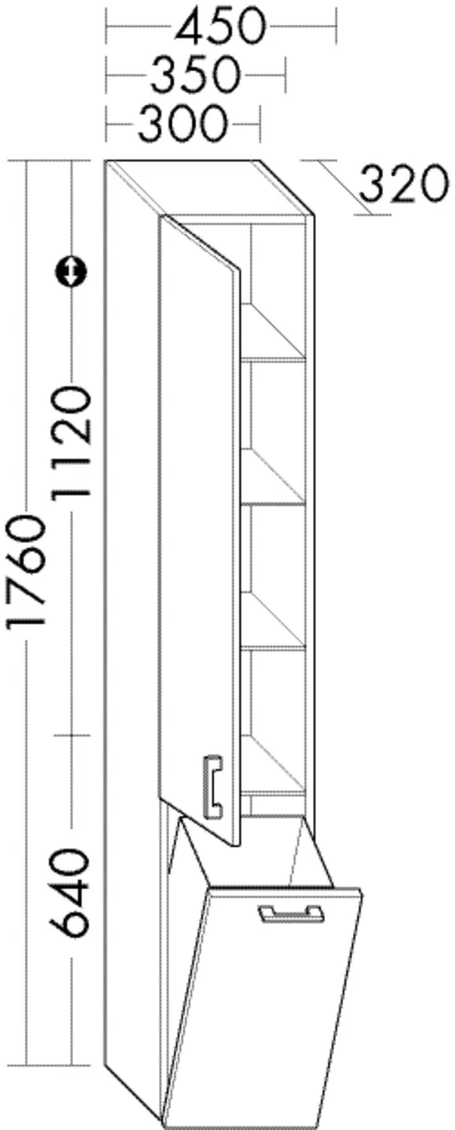 Hochschrank, 1 Tür;1 Wäschekippe;3 Glaseinlegeböden;1 fester Boden, Tiefe: 320 mm, Breite: 300 mm, Höhe: 1760 mm