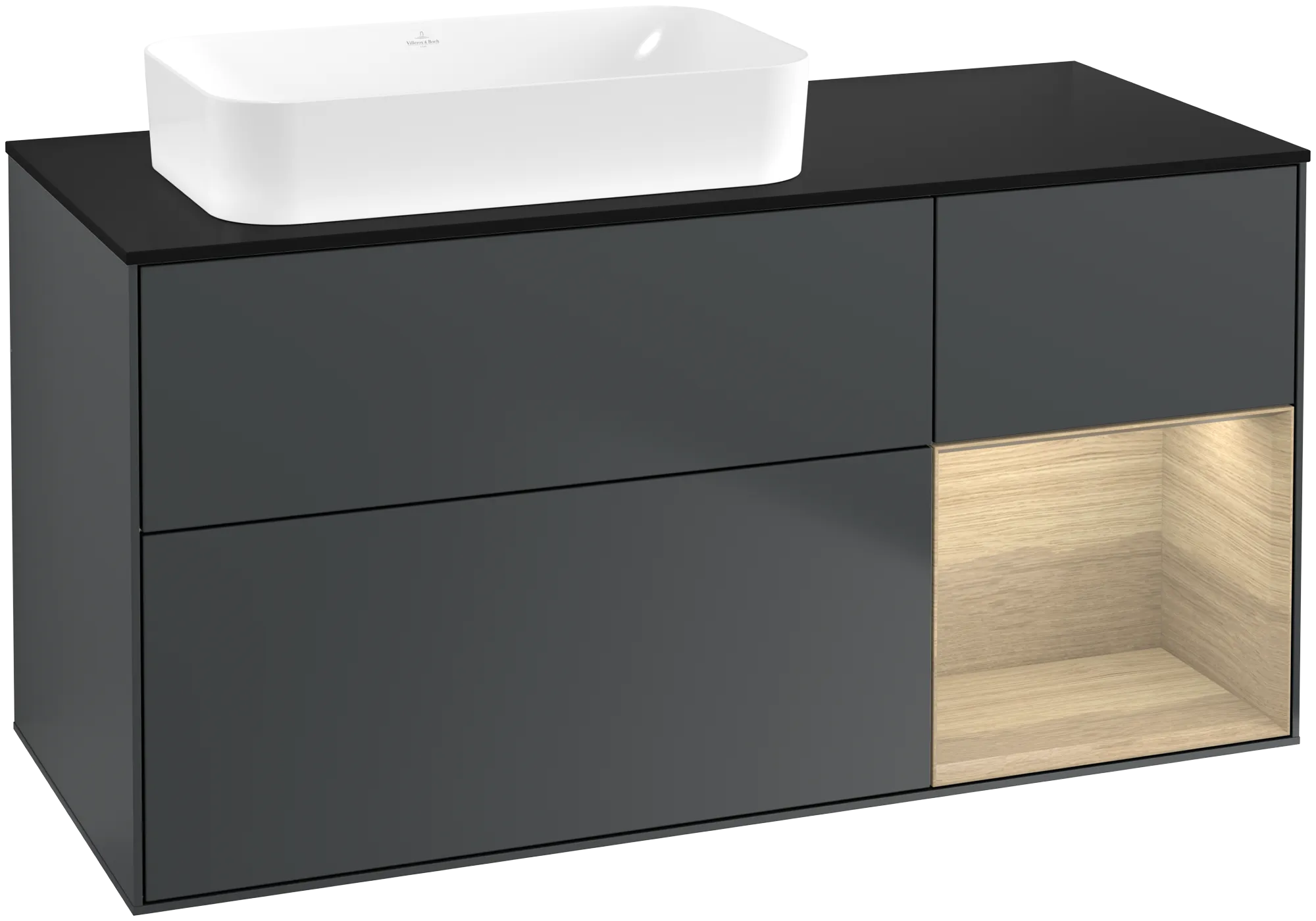 Villeroy & Boch Finion Waschbeckenunterschrank F69, 1200x603x501mm, Midnight Blue Matt Lacquer / Oak Veneer / Glass Black Matt