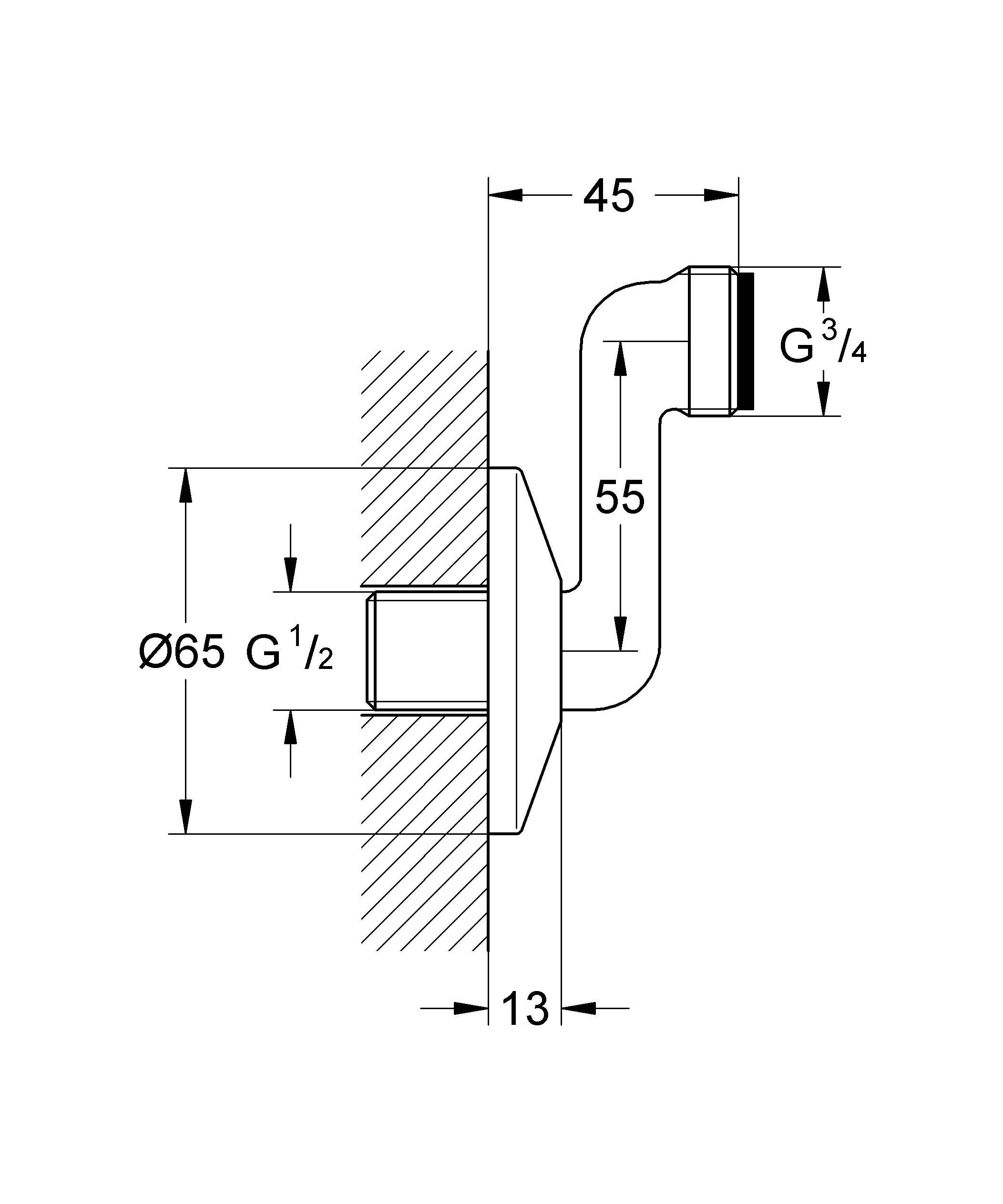 S-Anschluss 12465, 1/2'' x 3/4'', Verstellbarkeit 55 mm, chrom