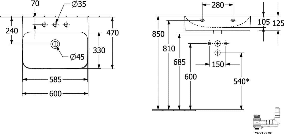 Villeroy & Boch Wandwaschtisch aus TitanCeram „Finion“ 600 × 470 × 164 mm, mit Hahnlochbohrung, Hahnlochposition mittig in Weiß Alpin, mit CeramicPlus