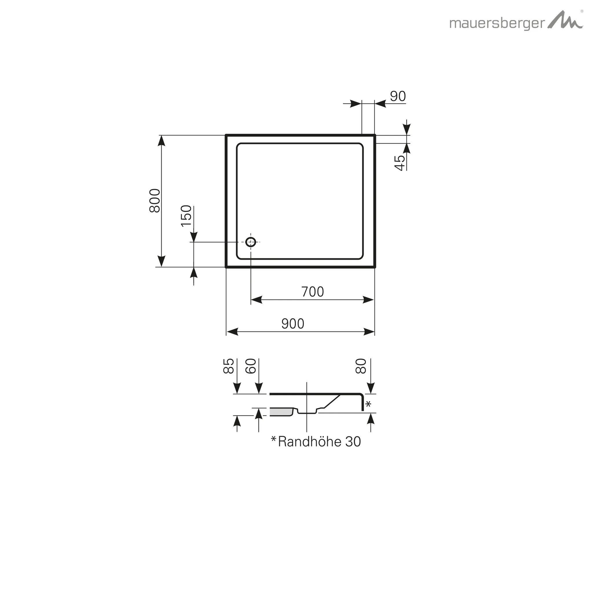 Mauersberger Acryl-Duschwanne localis 90⁄80 flach, 900x800x85, weiß