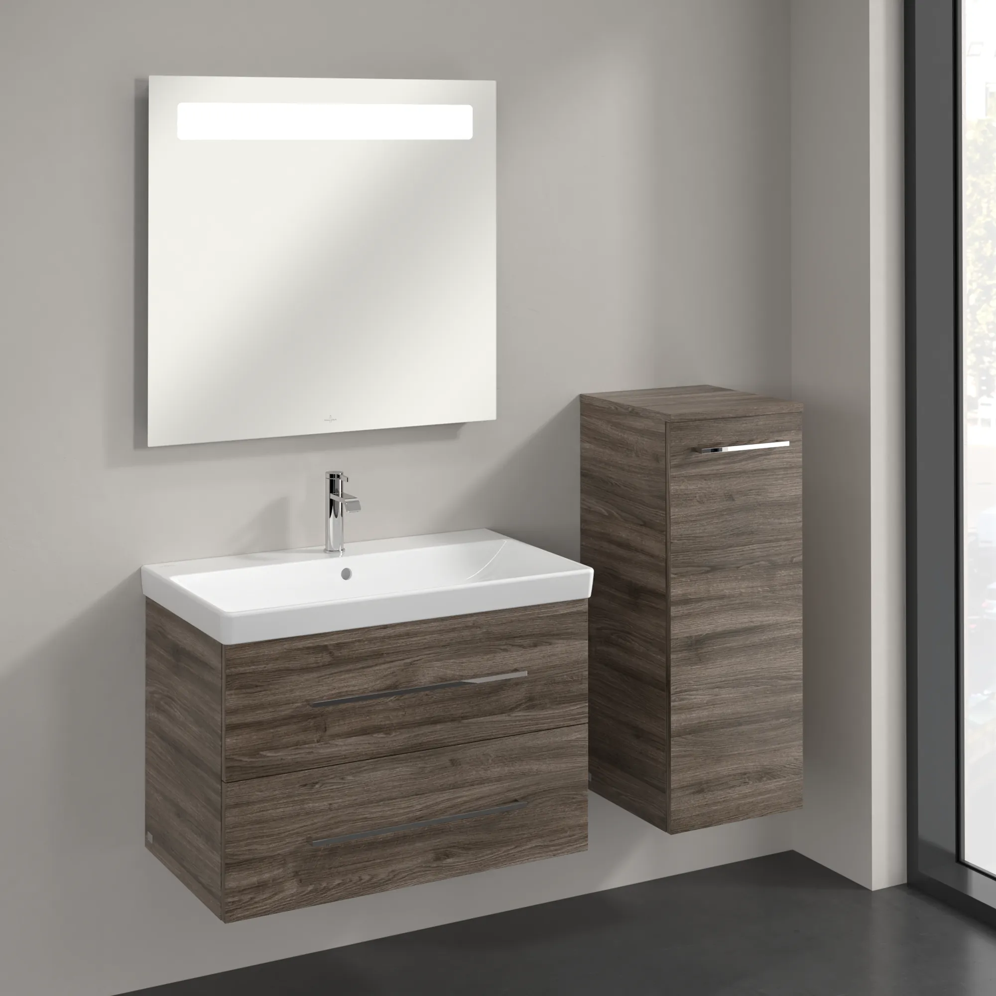 Villeroy & Boch Seitenschrank „Avento“ 35 × 89 × 37,3 × 37,3 cm Stone Oak, Anschlag rechts, Soft Closing, 1 Tür