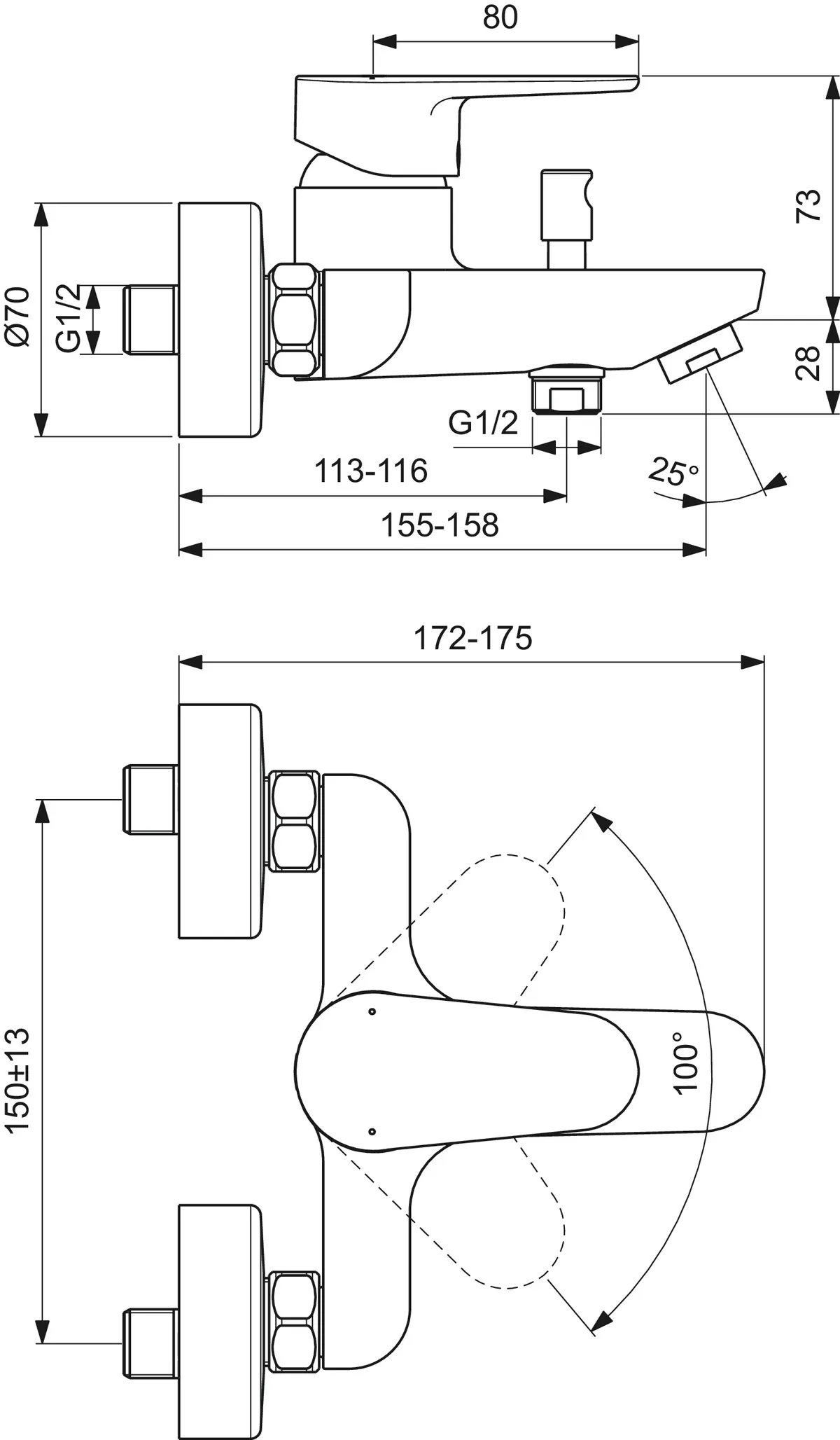 Ideal Standard Badearmatur Aufputz Cerafine O, Ausladung 155mm, Chrom Ideal Standard Badearmatur Aufputz Cerafine O, Ausladung 155mm, Chrom