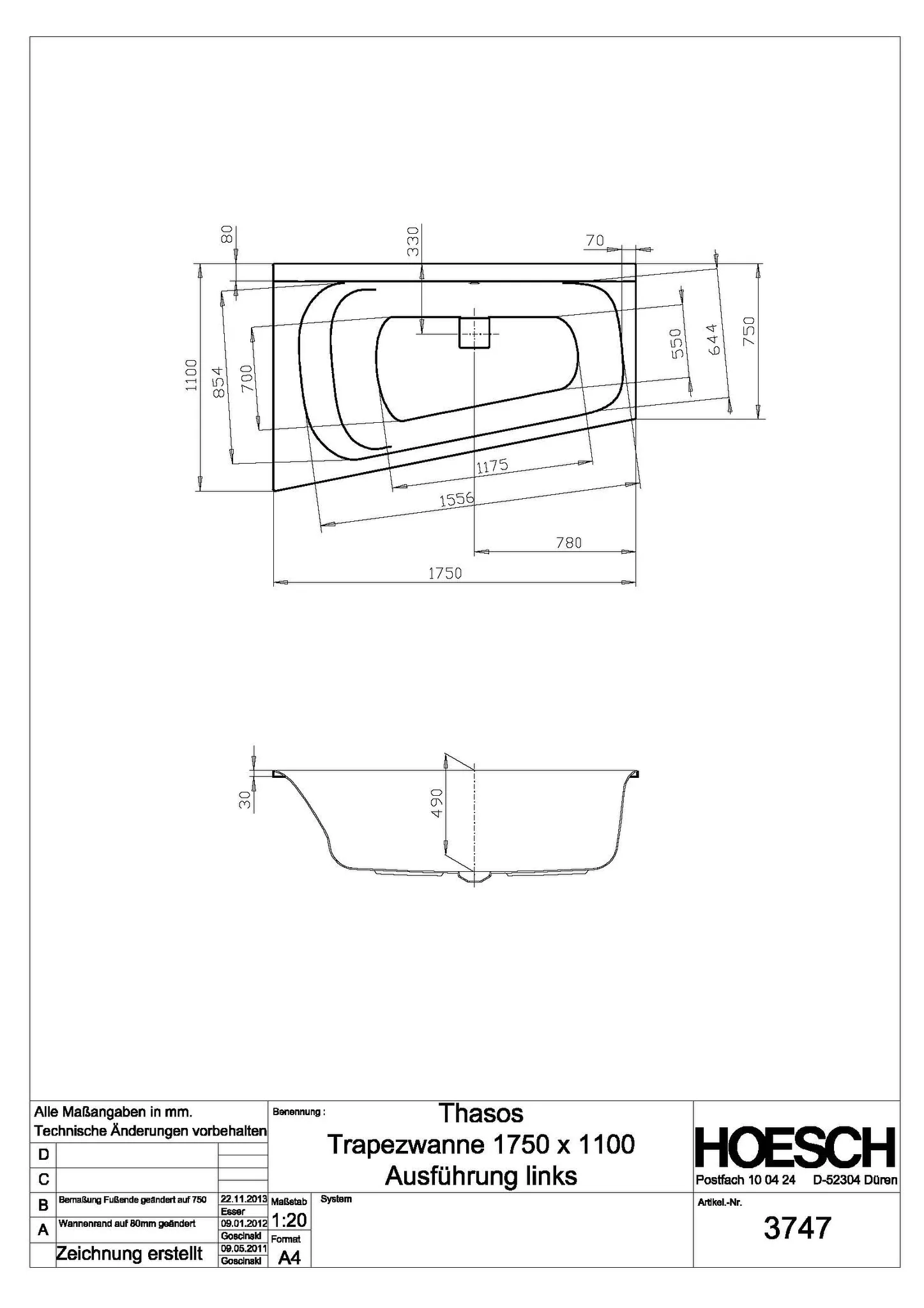 Hoesch Thasos Trapez 1750x1100 links Weiß Hoesch Thasos Trapez 1750x1100 links Weiß