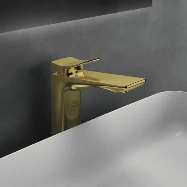 Waschtischarmatur Conca, mit verlängertem Sockel, ohne Ablaufgarnitur, Ausladung 150mm, Brushed Gold Waschtischarmatur Conca, mit verlängertem Sockel, ohne Ablaufgarnitur, Ausladung 150mm, Brushed Gold