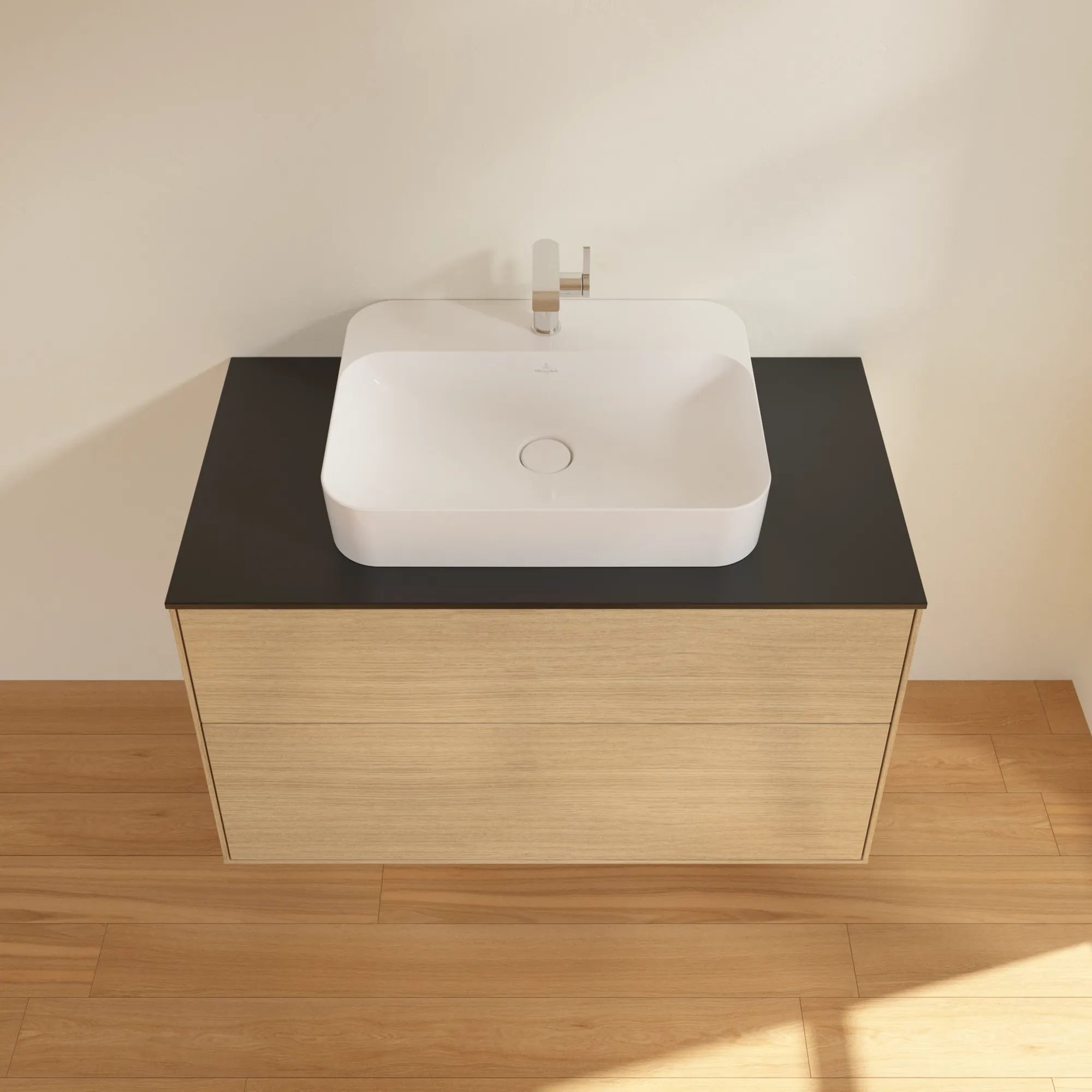 Villeroy & Boch Finion F35 Waschbeckenunterschrank, 1000 x 603 x 501 mm, Eckig, Oak Veneer / Glass Black Matt Villeroy & Boch Finion F35 Waschbeckenunterschrank, 1000 x 603 x 501 mm, Eckig, Oak Veneer / Glass Black Matt