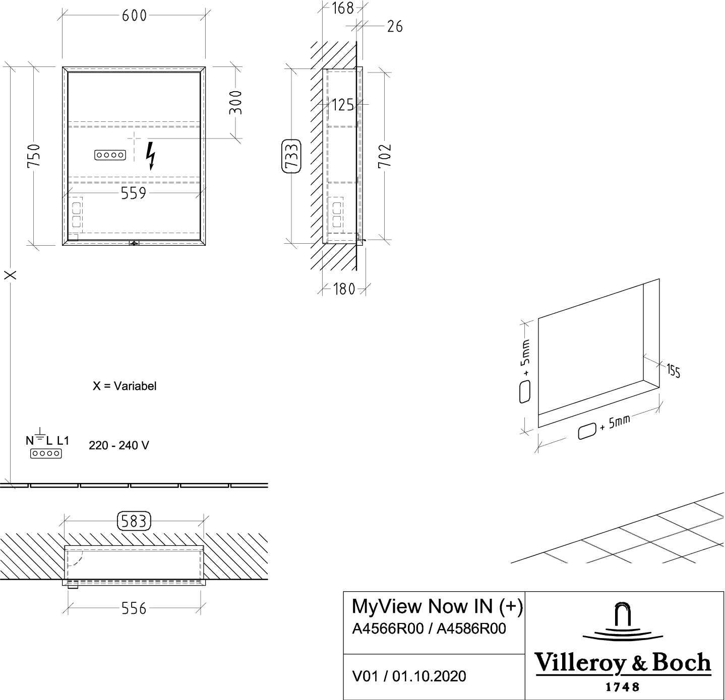 Villeroy & Boch My View Now Einbau-Spiegelschrank A4586R 600x750x168mm mit Beleuchtung Villeroy & Boch My View Now Einbau-Spiegelschrank A4586R 600x750x168mm mit Beleuchtung