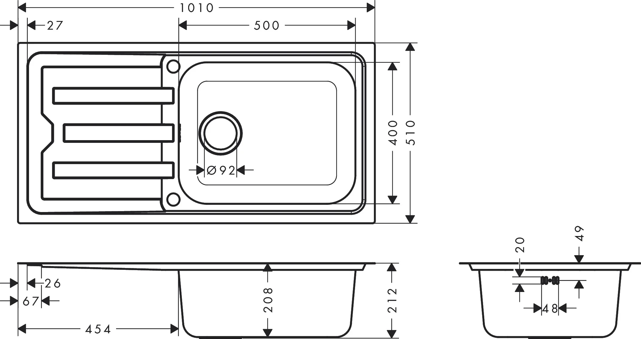 Hansgrohe Einbauspüle S44 Edelstahl, 990 x 490 mm, reversibel, flächenbündig, Beckentiefe 210 mm Hansgrohe Einbauspüle S44 Edelstahl, 990 x 490 mm, reversibel, flächenbündig, Beckentiefe 210 mm