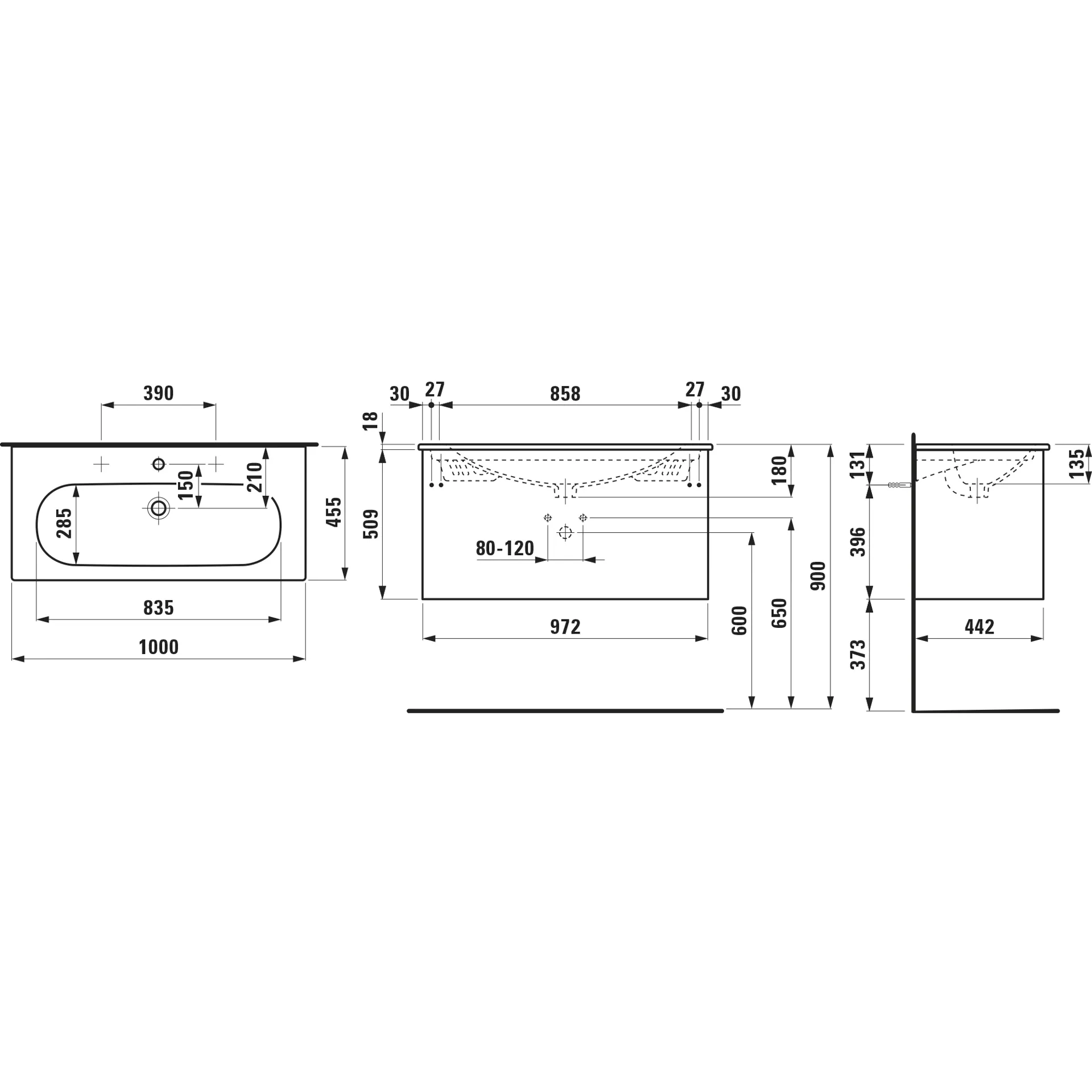 Waschtisch + Waschtischunterbau LUA SET LANI 455x1000x527 1 Hahnloch mit Überlauf mit 2 Schubladen integrierter Griffleiste Vollauszug und Soft-Close weiß/weiß matt