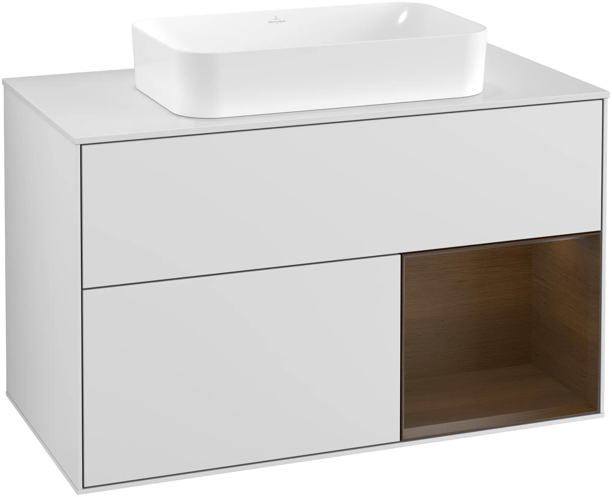 Villeroy & Boch Finion Waschbeckenunterschrank G25, 1000 x 603 x 501 mm, White Matt Lacquer / Walnut Veneer / Glass White Matt