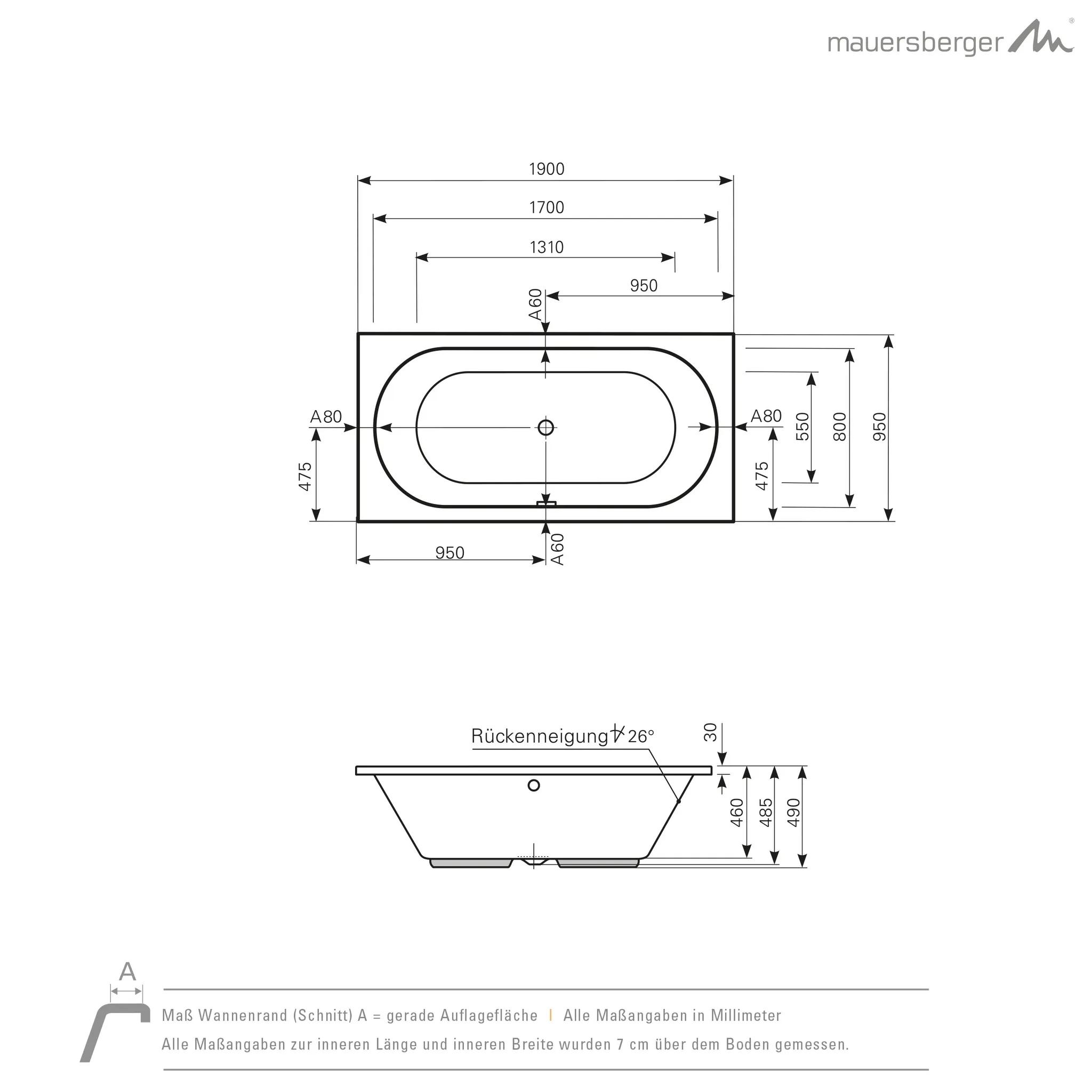 Mauersberger ausana Acryl-Badewanne Rechteckform 190⁄95 duo