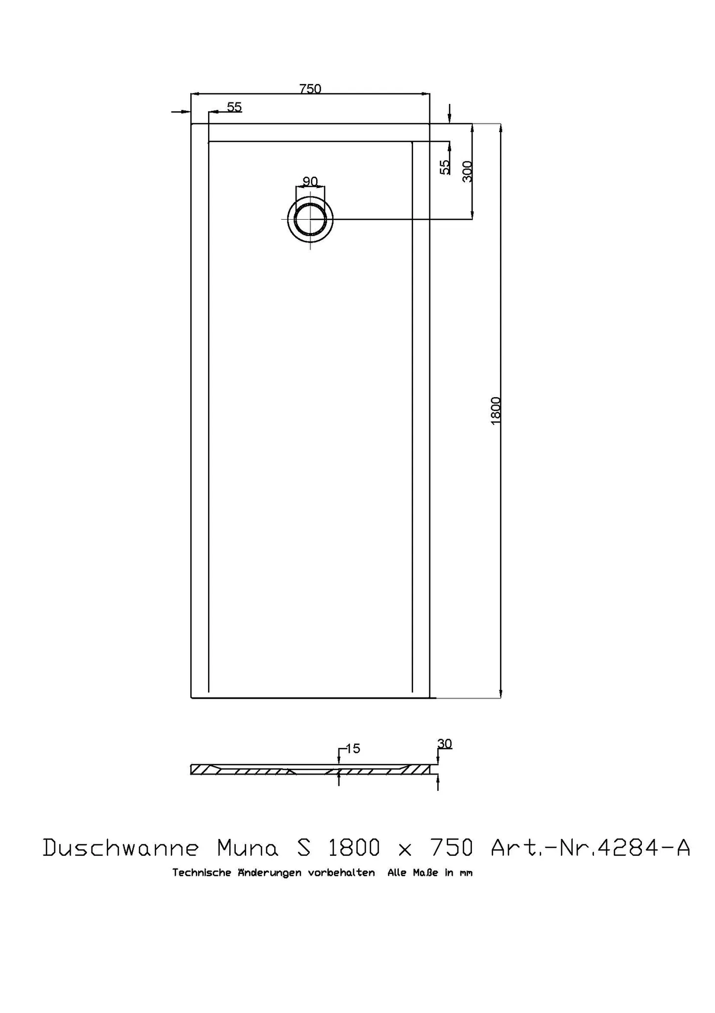 Duschwanne „Muna S“ Rechteck 180 × 75 cm in Schiefergrau