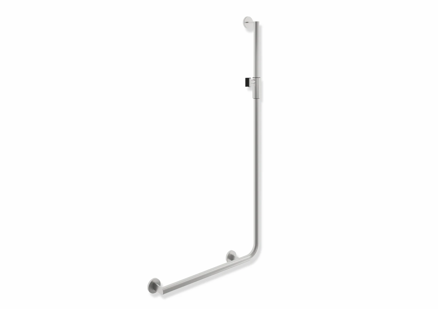 Winkelgriff mit Brausehalter, Edelstahl, schliff, waagerechte Länge 600 mm, senkrechte Länge 1250 mm, D: 32 mm, Ausführung links, mit magnetischem Brausehalter