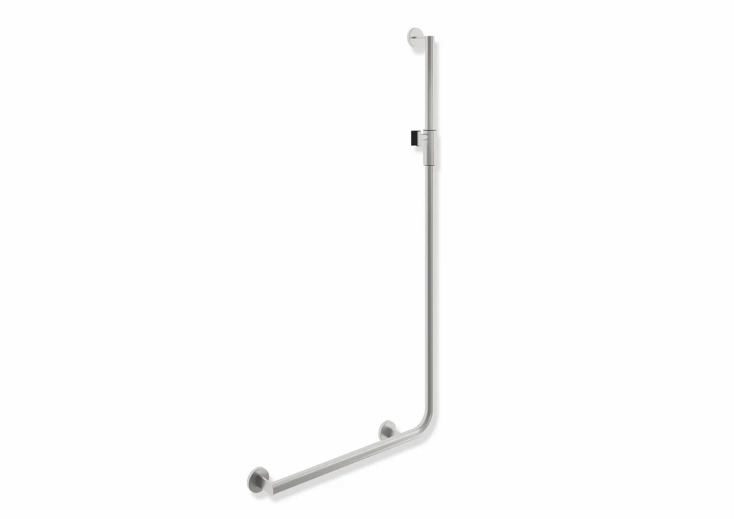 Winkelgriff mit Brausehalter, Edelstahl, schliff, waagerechte Länge 600 mm, senkrechte Länge 1250 mm, D: 32 mm, Ausführung links, mit magnetischem Brausehalter Winkelgriff mit Brausehalter, Edelstahl, schliff, waagerechte Länge 600 mm, senkrechte Länge 1250 mm, D: 32 mm, Ausführung links, mit magnetischem Brausehalter