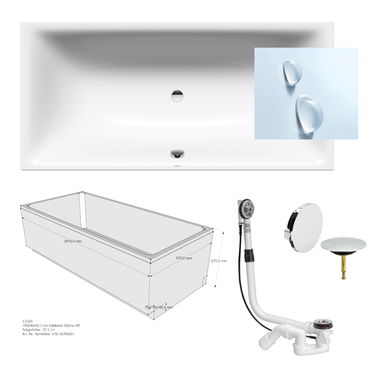 Set Badewanne Silenio 190 × 90 cm Perleffekt mit Träger und Viega-Ablauf