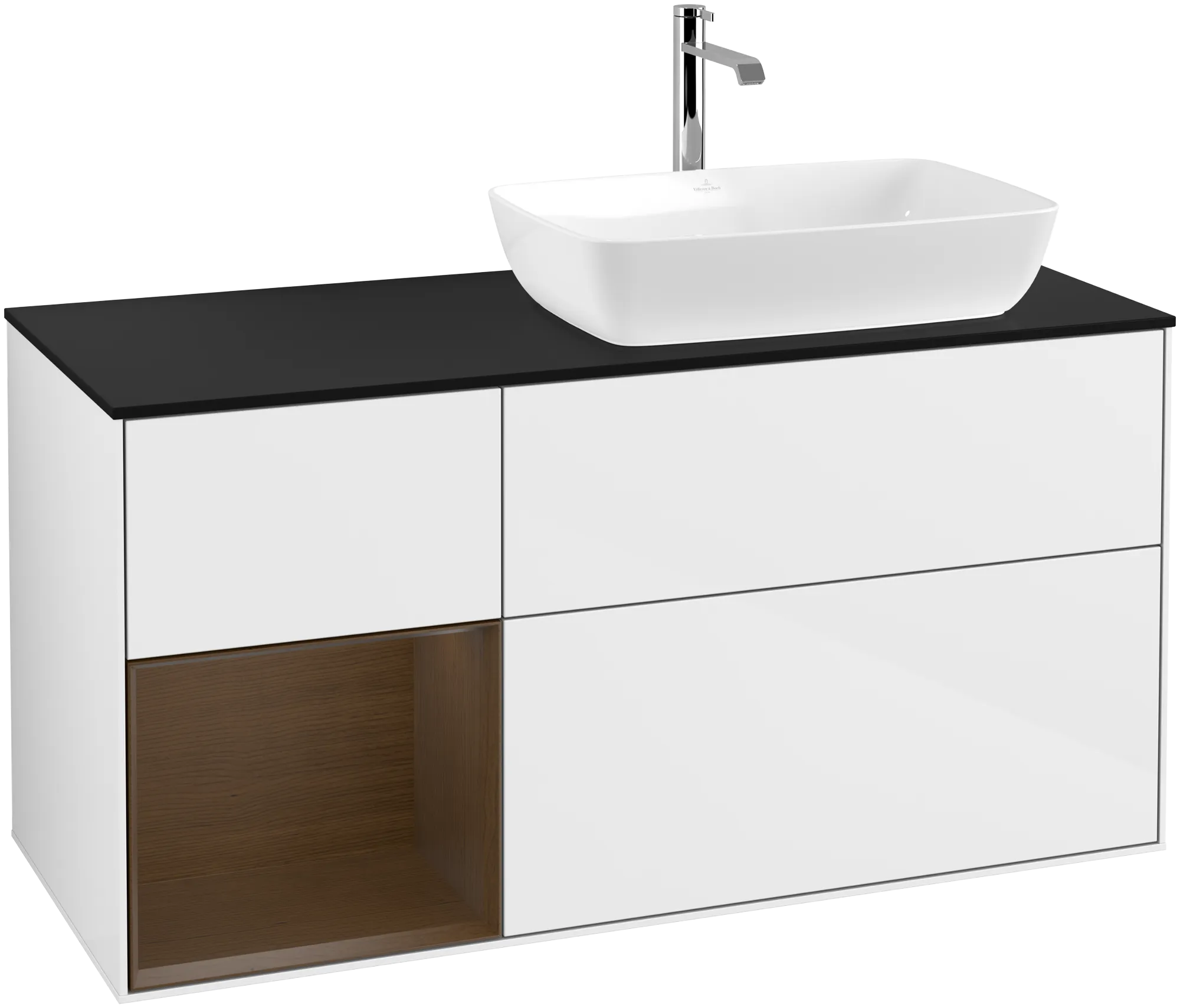 Villeroy & Boch Waschbeckenunterschrank Finion G80, 1200x603x501mm, Glossy White Lacquer / Walnut Veneer / Glass Black Matt