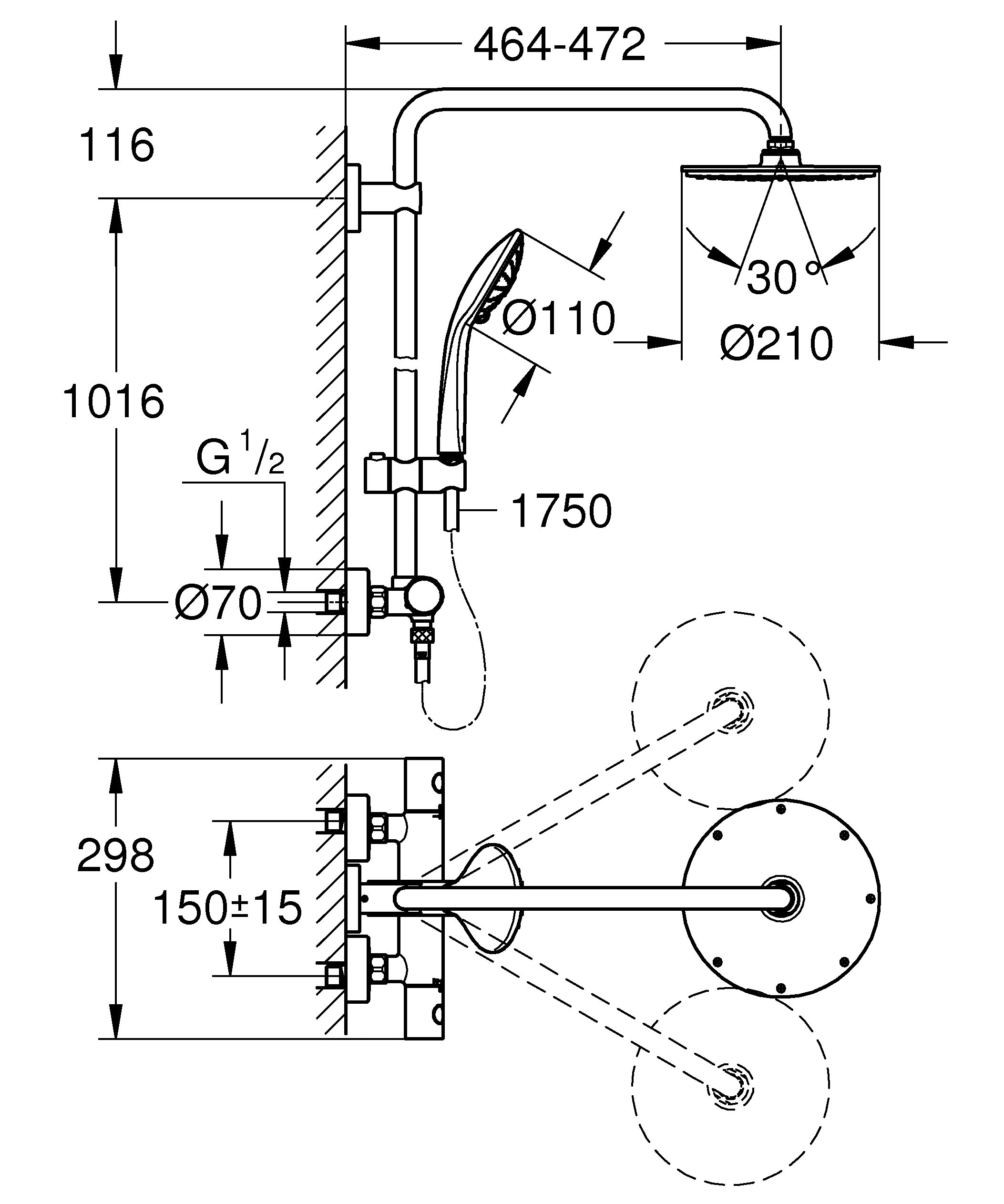 Duschsystem Euphoria System 210 27964, mit Aufputz-Thermostatbatterie, Wandmontage, 450 mm Duscharm, chrom