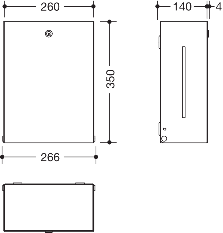 Papierhandtuchspender, Edelstahl, spiegelpoliert, Breite 260 mm, Höhe 350 mm, Tiefe 140 mm, zur Aufnahme von Papierhandtüchern mit Falzungen in der Breite 235 - 250 mm und gefalteter Länge / Tiefe von 80 - 110 mm