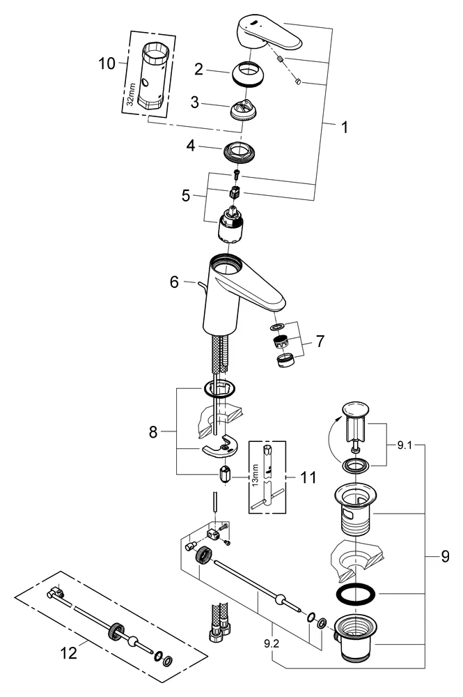 Einhand-Waschtischbatterie Eurodisc Cosmopolitan 23384_2, S-Size, Einlochmontage, Energie-Spar-Funktion Mittelstellung kalt, Zugstangen-Ablaufgarnitur 1 1/4″, chrom