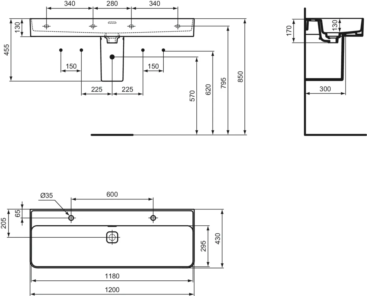 Waschbecken „StradaII“ 120 × 43 × 17 cm, Hahnlochposition links und rechts in Weiß Waschbecken „StradaII“ 120 × 43 × 17 cm, Hahnlochposition links und rechts in Weiß