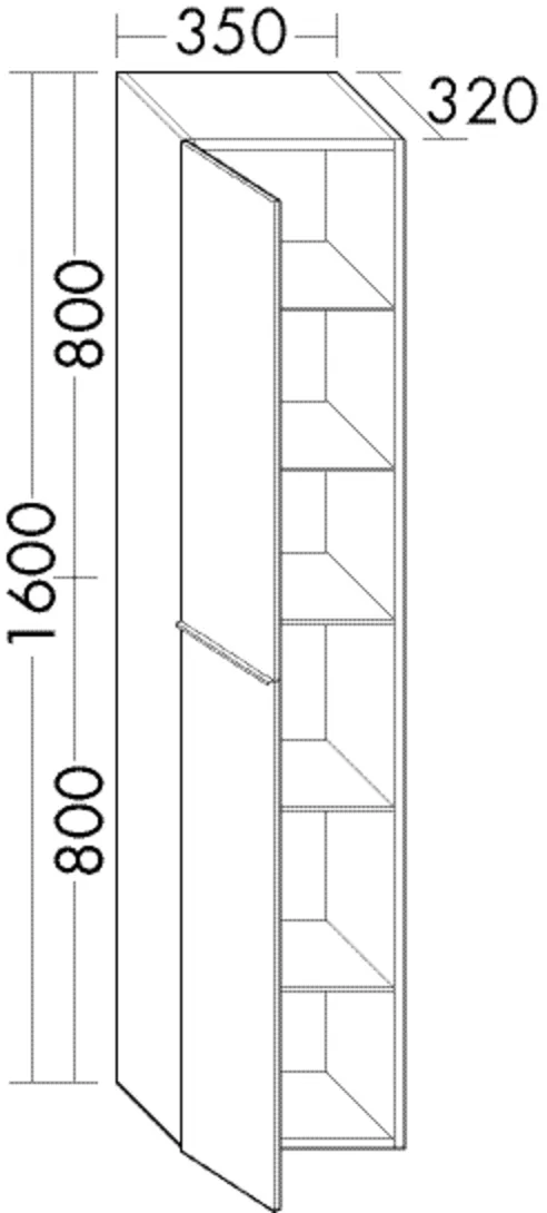 Hochschrank, 1 Tür oben mit Tip-On-Technik;1 Tür unten;4 Glaseinlegeböden;1 fester Boden, Tiefe: 320 mm, Breite: 350 mm, Höhe: 1600 mm