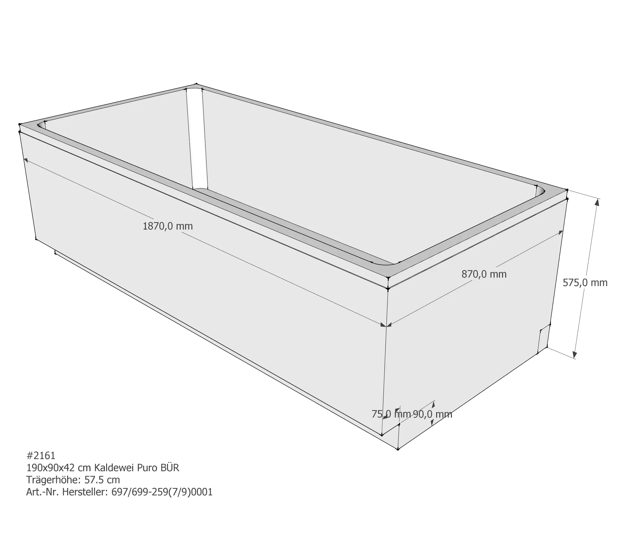 Badewannenträger für Kaldewei Puro 190 × 90 × 42 cm Ab- und Überlaufposition: vorn / Breite: 90 cm / Länge: 190 cm