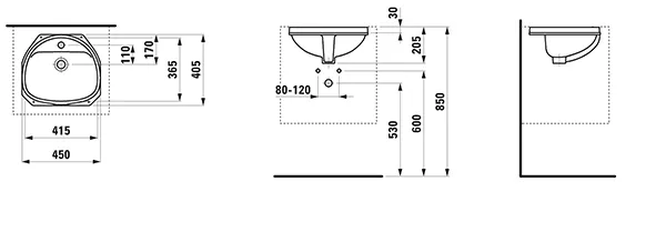 Laufen Unterbauwaschtisch „Bijou“ 450 × 405 × 205 mm, mit Hahnlochbohrung